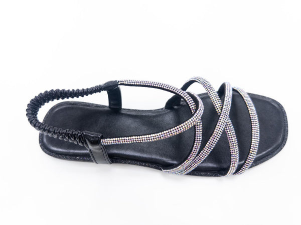 PB46 LADIES BLACK FLAT ELASTICATED STRAPS DIAMANTE SANDALS