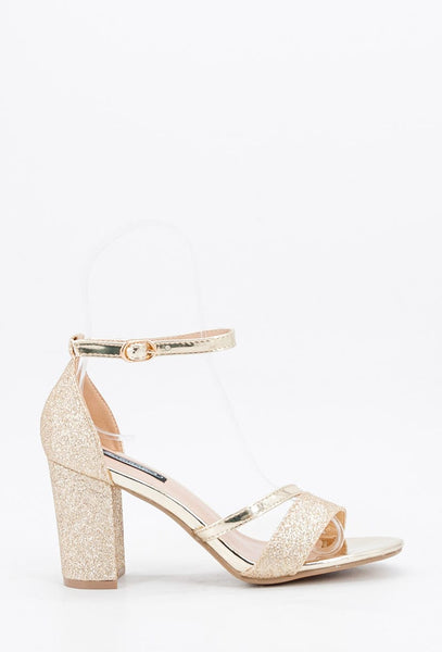 C23  WOMEN SILVER/CHAMPAGNE LADIES BLOCK HEEL GLITTER SANDALS WITH ANKLE STRAP