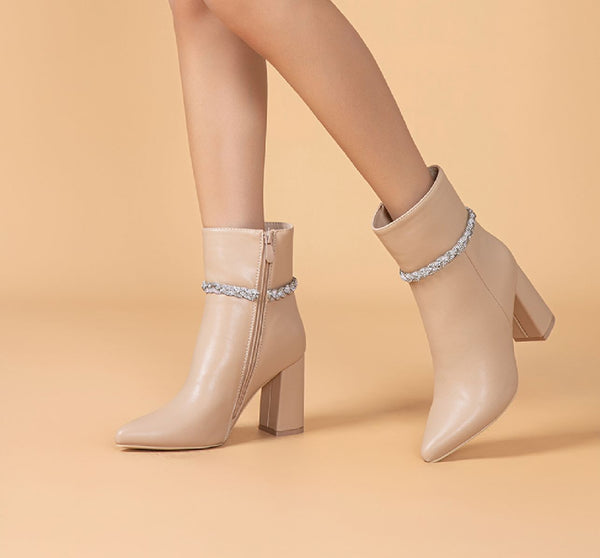 Women HQ341 - Ladies pointy high heel beige boot with silver diamante trim