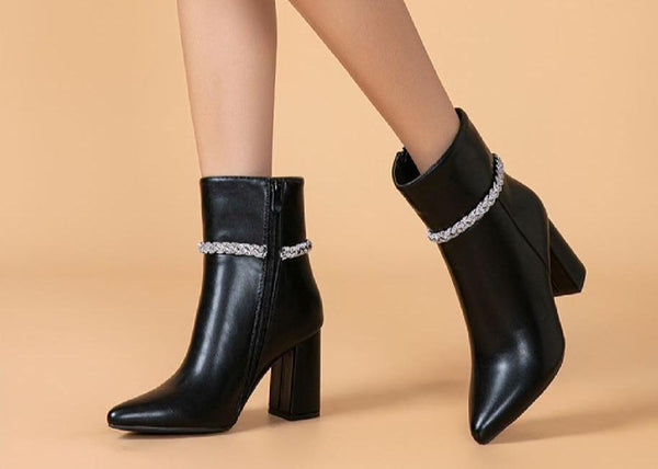 HQ341 - Ladies pointy high heel women black boot with silver diamante trim