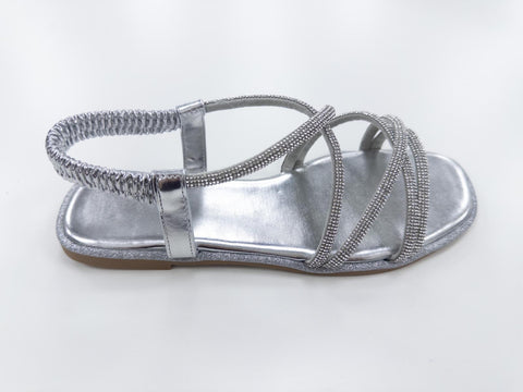 PB46 LADIES SILVER FLAT ELASTICATED STRAPS DIAMANTE SANDALS