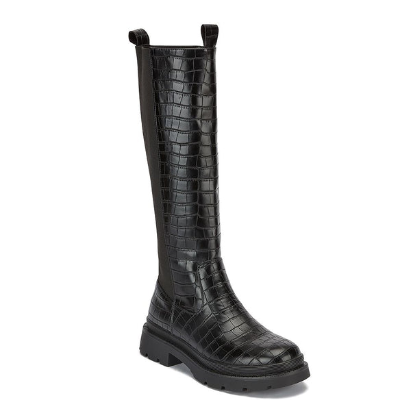 LS3694 LADIES BLACK CROC LONG LET ELASTICATED BACK BOOT