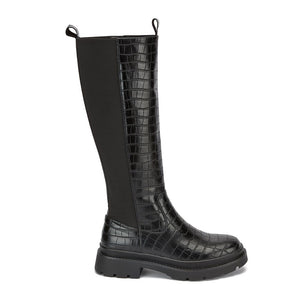 LS3694 LADIES BLACK CROC LONG LET ELASTICATED BACK BOOT