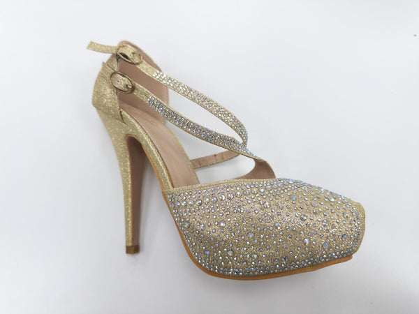 S30635 LADIES GOLD  PLATFORM PARTY HEELS/STILLETTO