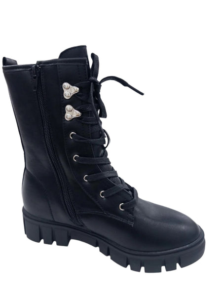 LS3193 LADIES CHUNKY BIKER LACE UP BOOTS