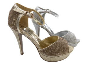 H20450 LADIES  STONE EMBELLISHED ANKLE STRAP PLATFORM HEELS