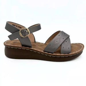 LS9439 WOMEN PEWTER LADIES CROSS OVER PUNCHED SANDAL