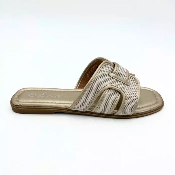 LS9659 WOMEN BLK/GLD/TAN INTERLOCKING SQUARE TOE SANDAL