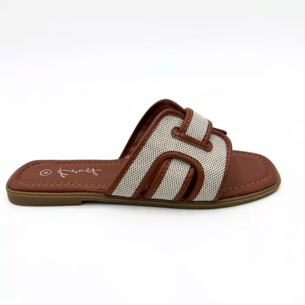 LS9659 WOMEN BLK/GLD/TAN INTERLOCKING SQUARE TOE SANDAL