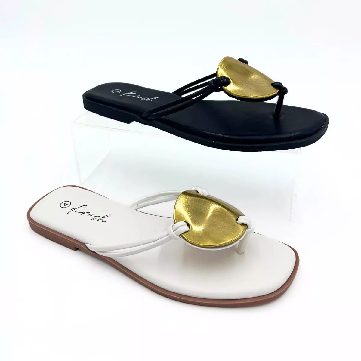 LS9567 WOMEN WHITE/BLACK LADIES GOLD DISC FLIP FLOP