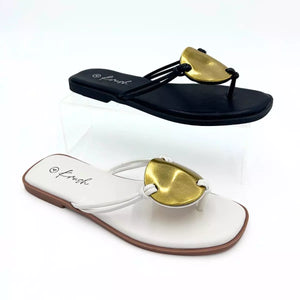 LS9567 WOMEN WHITE/BLACK LADIES GOLD DISC FLIP FLOP