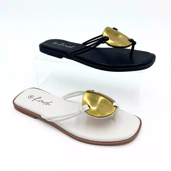 LS9567 WOMEN WHITE/BLACK LADIES GOLD DISC FLIP FLOP