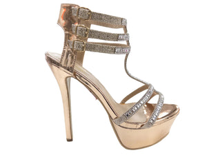 H20414 LADIES TRIPPLE BUCKLE STONES EMBELLISHED STRAP PLATFORM HIGH HEELS