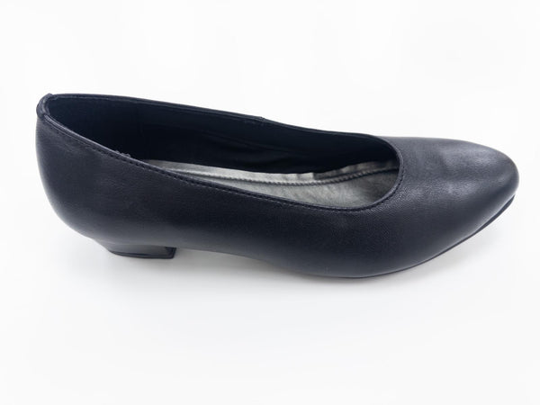 L172A Black Leather 20mm Heel Ladies Court Shoe Comfort Memory Foam Leather Sock Textile/Leather Lining PVC Sole