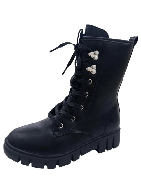 LS3193 LADIES CHUNKY BIKER LACE UP BOOTS