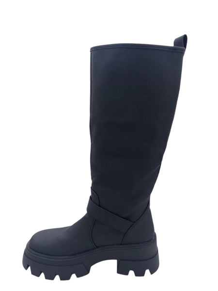 WH6057 LADIES FAUX LEATHER BUCKLE DETAIL KNEE HIGH BLACK BOOTS