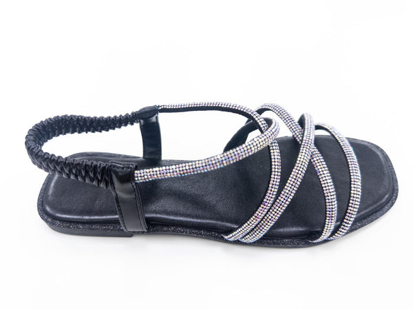 PB46 LADIES BLACK FLAT ELASTICATED STRAPS DIAMANTE SANDALS