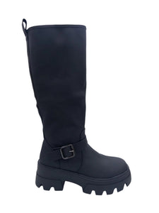 WH6057 LADIES FAUX LEATHER BUCKLE DETAIL KNEE HIGH BLACK BOOTS