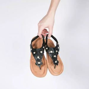 GS7590 LADIES BLACK ELASTIC BACK FLOWER T BAR SANDALS