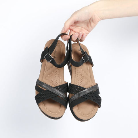 GS7619 BLACK LADIES CROSSOVER COMFORT WEDGE SANDAL