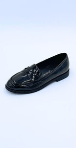 GS9240 Girls Black Scuff Resistant Patent Saddle Loafer