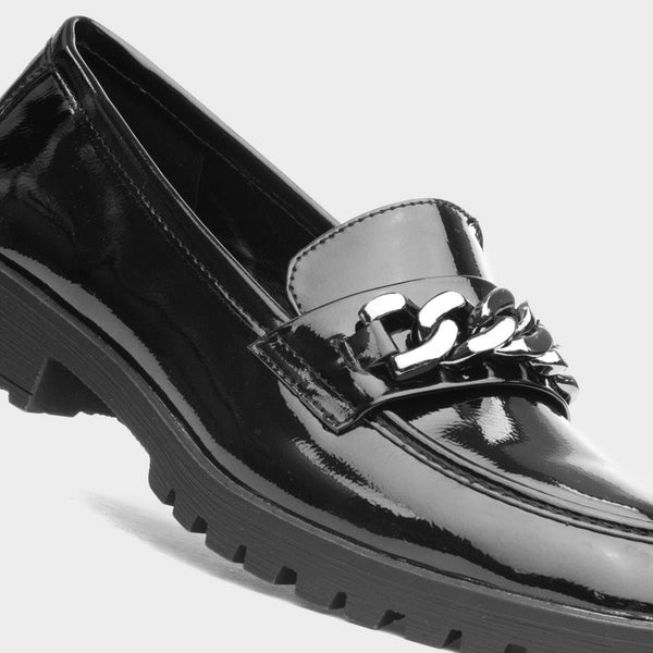 LS7019 LADIES BLACK PATENT CHAIN WORK SLIP ON SHOES