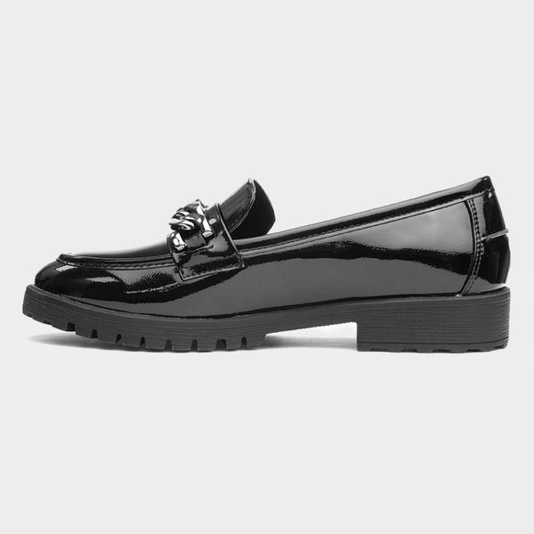 LS7019 LADIES BLACK PATENT CHAIN WORK SLIP ON SHOES