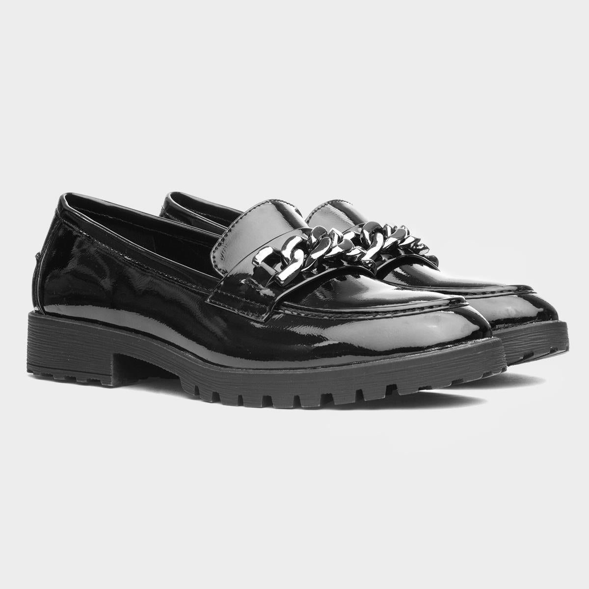 LS7019 LADIES BLACK PATENT CHAIN WORK SLIP ON SHOES