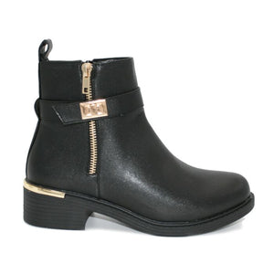 LJ6816 LADIES WIDE FIT GOLD HEEL LOCK TRIM ANKLE BOOT BLK PU