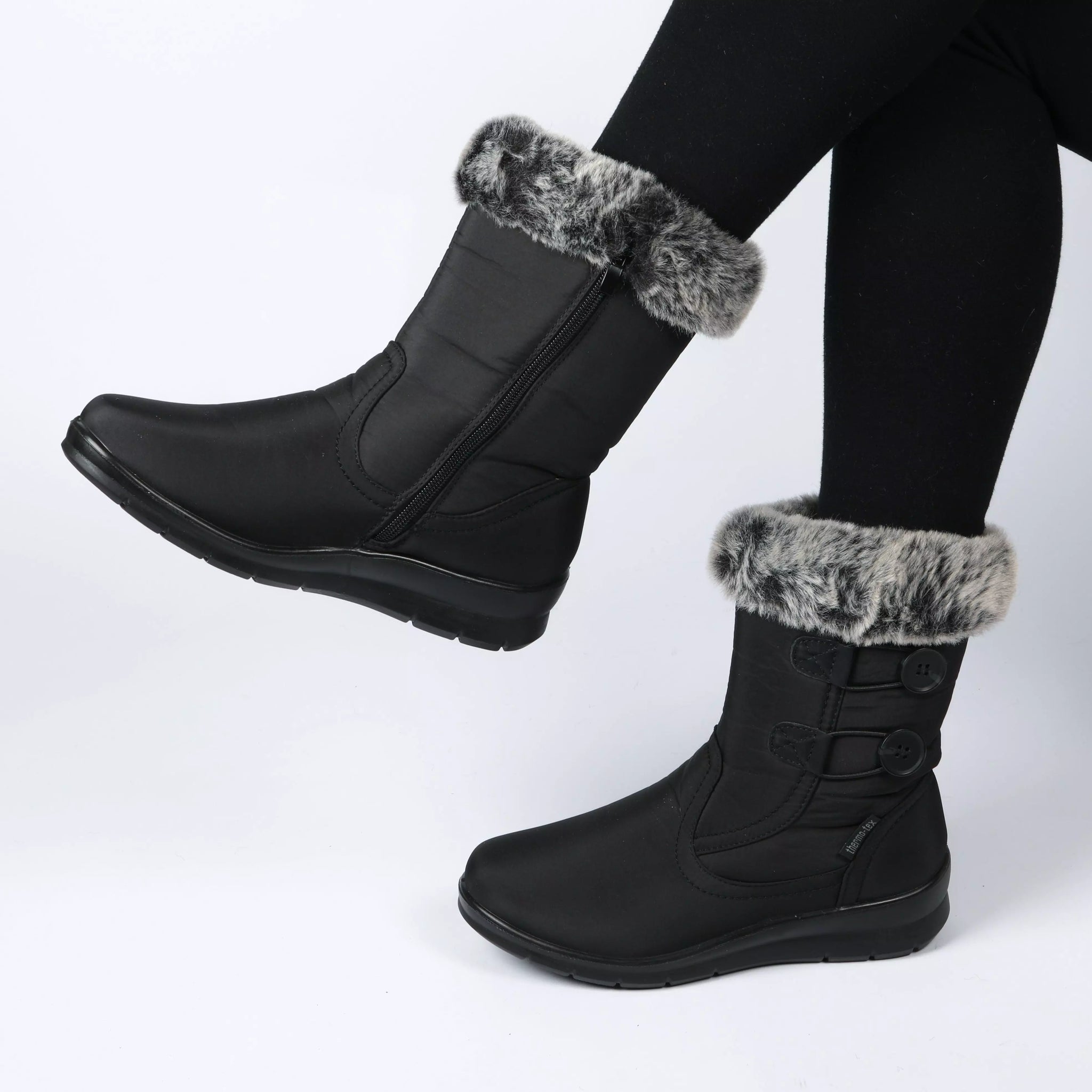 BLACK FUR TOP TWIN BUTTON BOOT LS7946