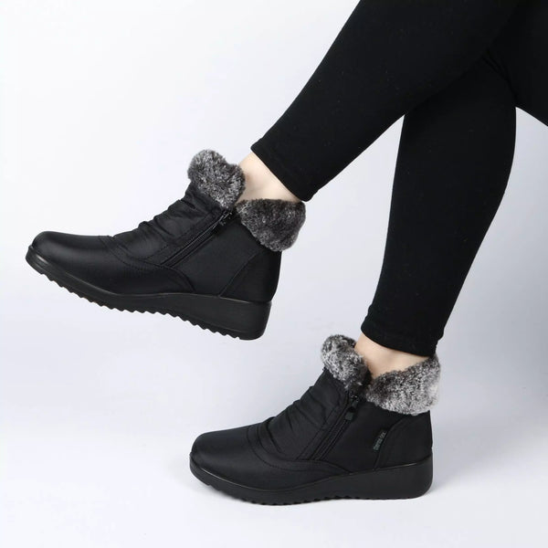 LS7984 LADIES BLACK NYLON 2 TONE FUR ZIP ANKLE BOOT