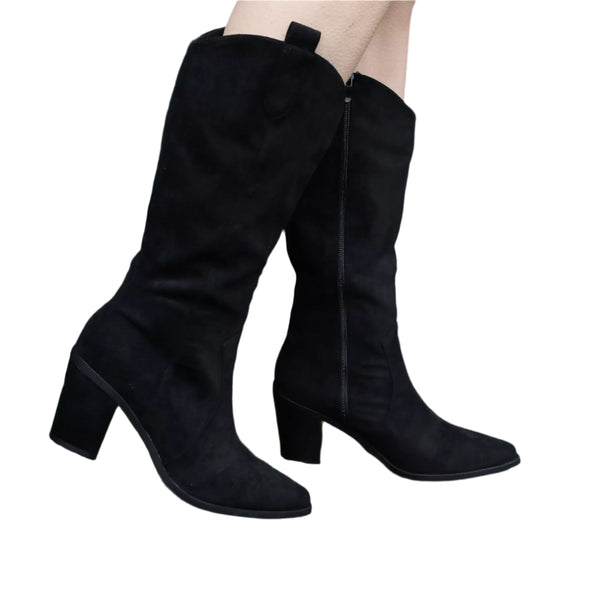 LS8552 Ladies Black PU/SUEDE Tab Detail High Western Boot