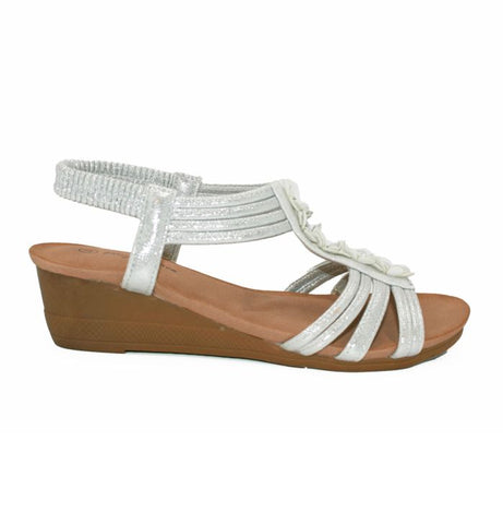 LS8671 LADIES SILVER STRAP FLOWER WEDGE SANDAL