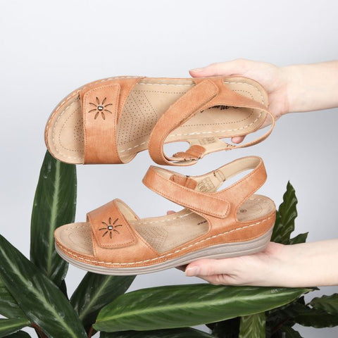 LS8681 LADIES TAN MAYA GRACE FLOWER VELCRO SANDAL