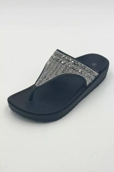 LS9279 LADIES BLACK DIAMANTE TOE THONG SLIPPER