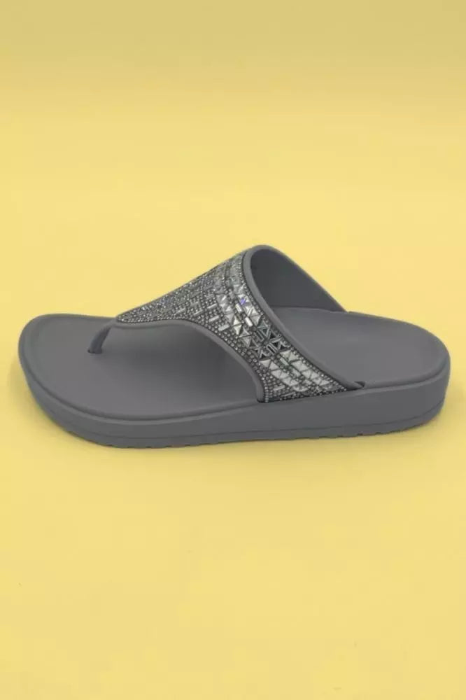 LS9279 LADIES SILVER DIAMANTE TOE THONG SLIPPER