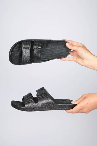 LS9285 BLACK LADIES GLITTER NON ADJUSTABLE TWO BUCKLE SLIDERS