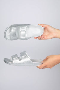 LS9285 SILVER LADIES GLITTER NON ADJUSTABLE TWO BUCKLE SLIDERS