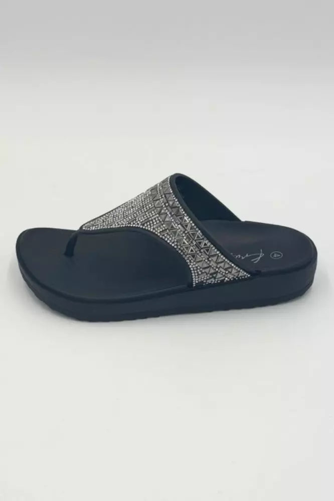 LS9279 LADIES BLACK DIAMANTE TOE THONG SLIPPER