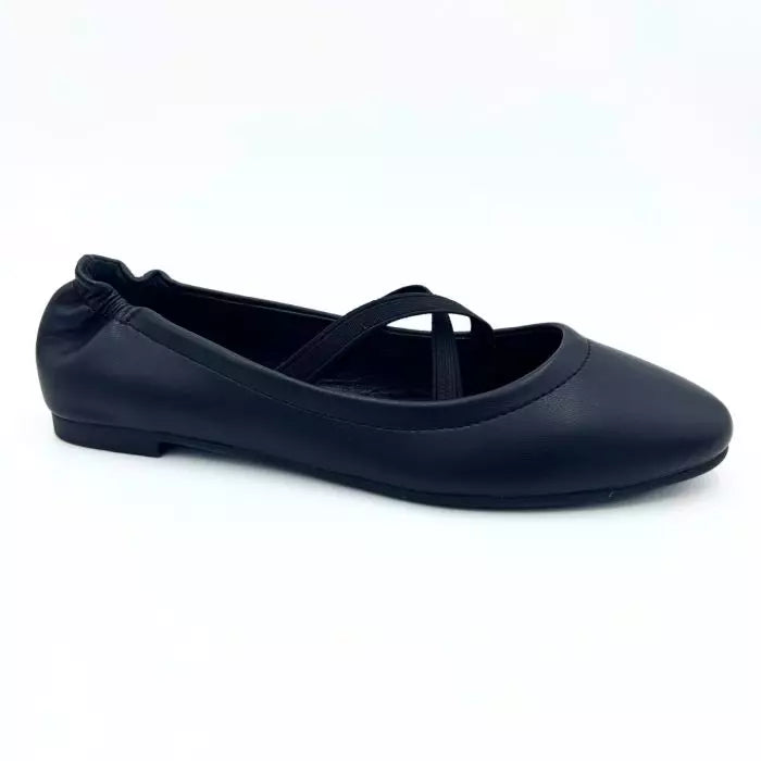 LS9587 WOMEN BLACK ELASTIC BACK GILLIE BALLERINA