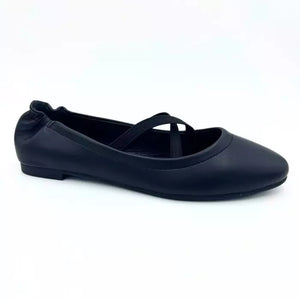 LS9587 WOMEN BLACK ELASTIC BACK GILLIE BALLERINA