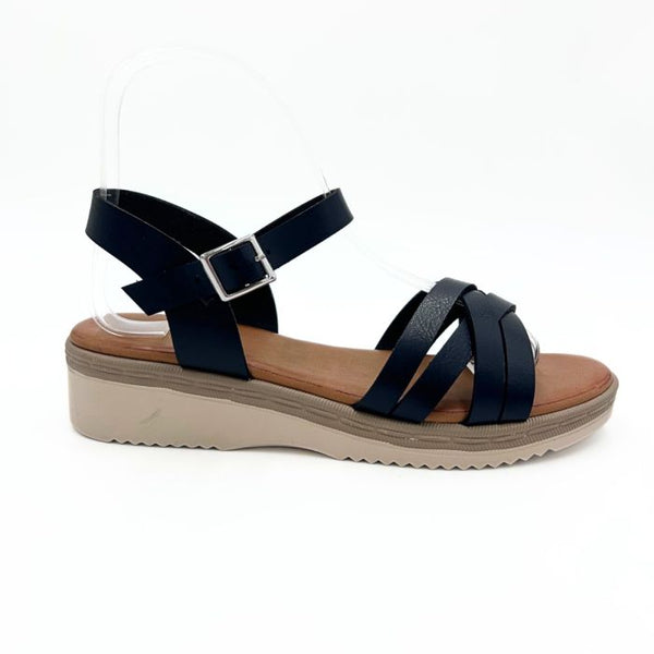 LS9741 WOMEN BLK/TAN LADIES WOVEN STRAP LOW WEDGE SANDALS