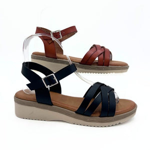 LS9741 WOMEN BLK/TAN LADIES WOVEN STRAP LOW WEDGE SANDALS