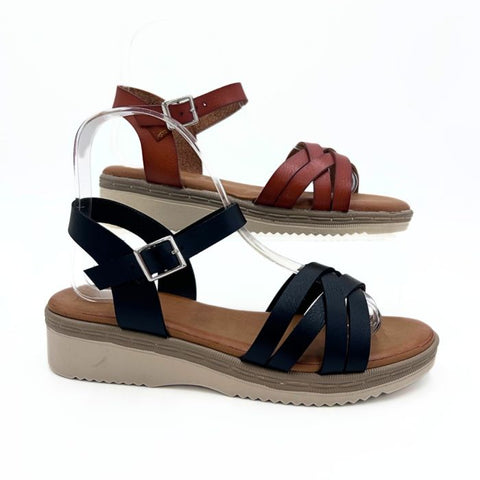 LS9741 BLK/TAN WOVEN STRAP LOW WEDGE SANDALS