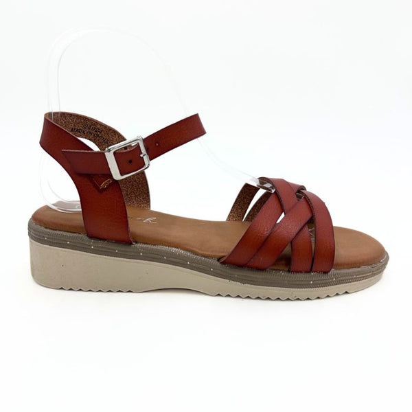LS9741 WOMEN BLK/TAN LADIES WOVEN STRAP LOW WEDGE SANDALS