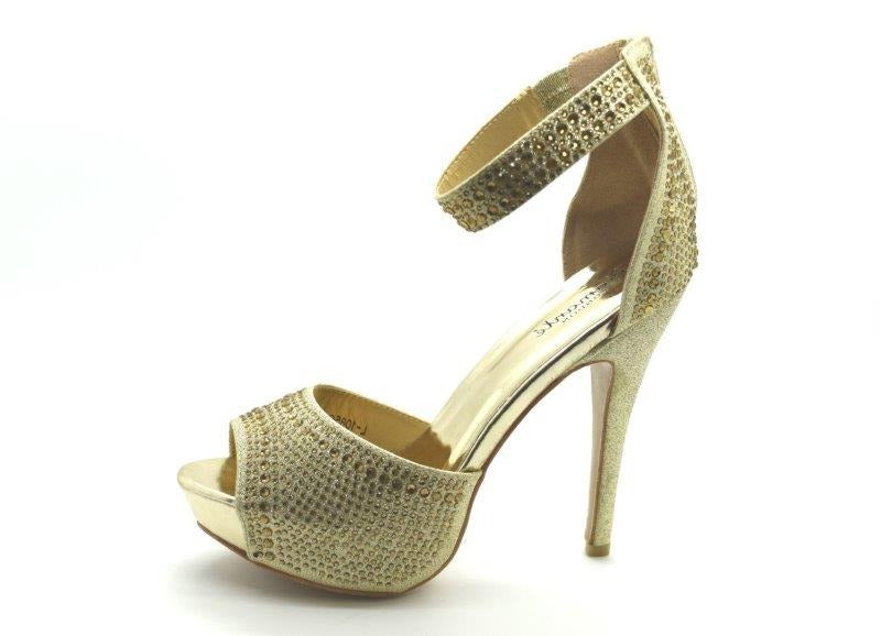 Ladies Womens Gold Rhinestone Wedding Heels Dress Sandals Prom Shoes