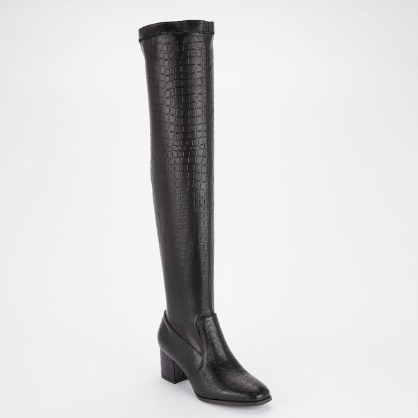 LS3143 LADIES BLACK CROC BLOCK HEEL KNEE BOOT