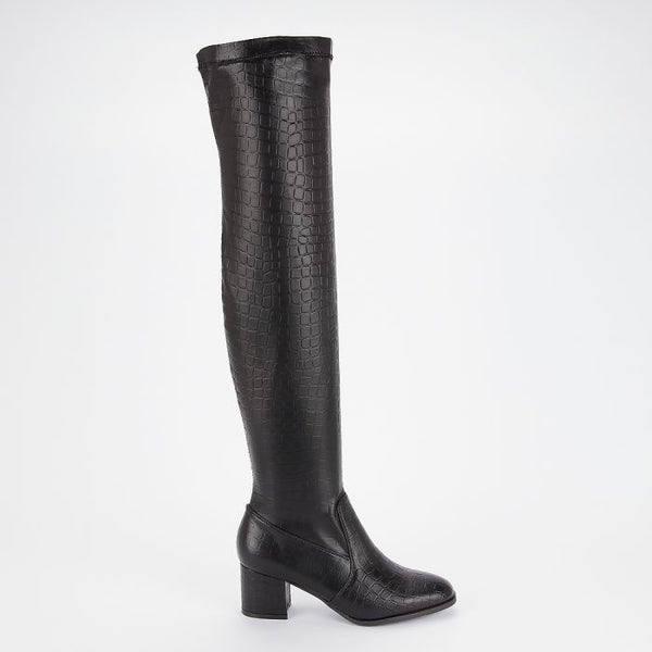 LS3143 LADIES BLACK CROC BLOCK HEEL KNEE BOOT