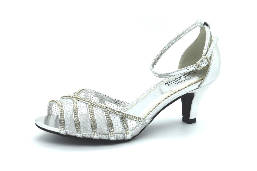 WOMENS / LADIES SILVER LOW KITTEN HEELS OPEN TOE