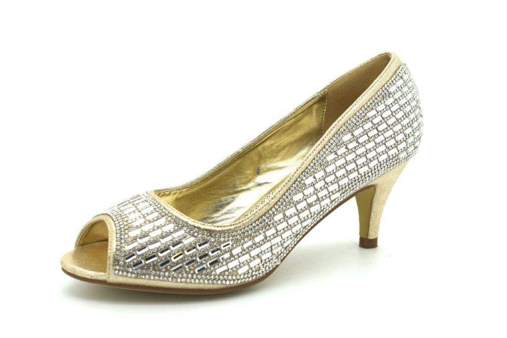 WOMENS / LADIES GOLD LOW KITTEN HEELS COURT SHOES OPEN TOE